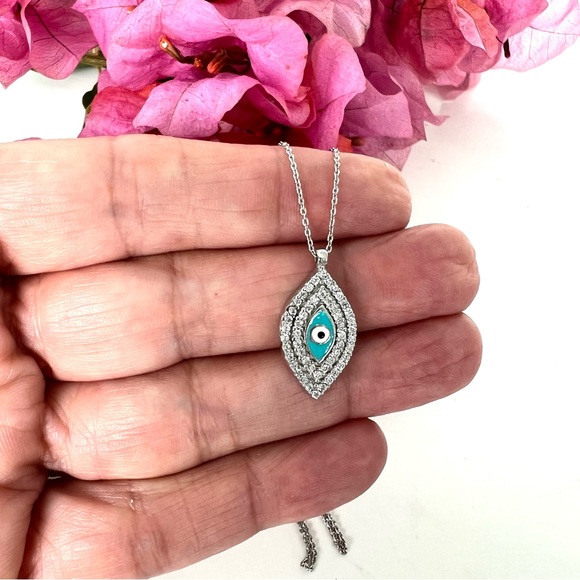 EVIL EYE Dainty 925 Sterling Silver Crystal Rhinestone w Enamel Necklace Sz 17" - Picture 4 of 8